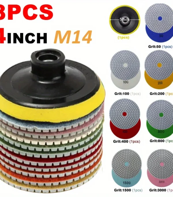 8pcs Polishing Pad Set, 4" 100mm, Wet And Dry Use, For Granite, Concrete, Marble, Sanding Disc Set