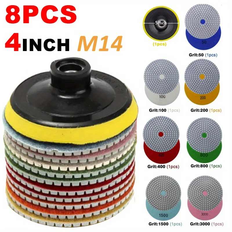 8pcs Polishing Pad Set, 4" 100mm, Wet And Dry Use, For Granite, Concrete, Marble, Sanding Disc Set